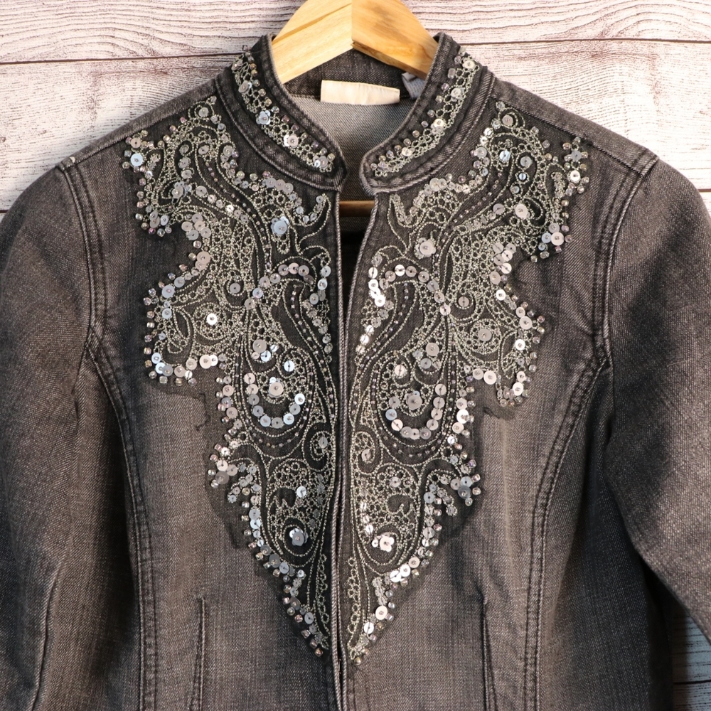 Chico's size 0 beaded embellishment black denim jacket